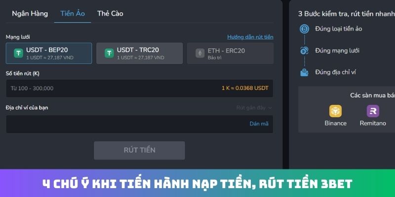 4 chú ý khi tiến hành nạp tiền, rút tiền 3Bet